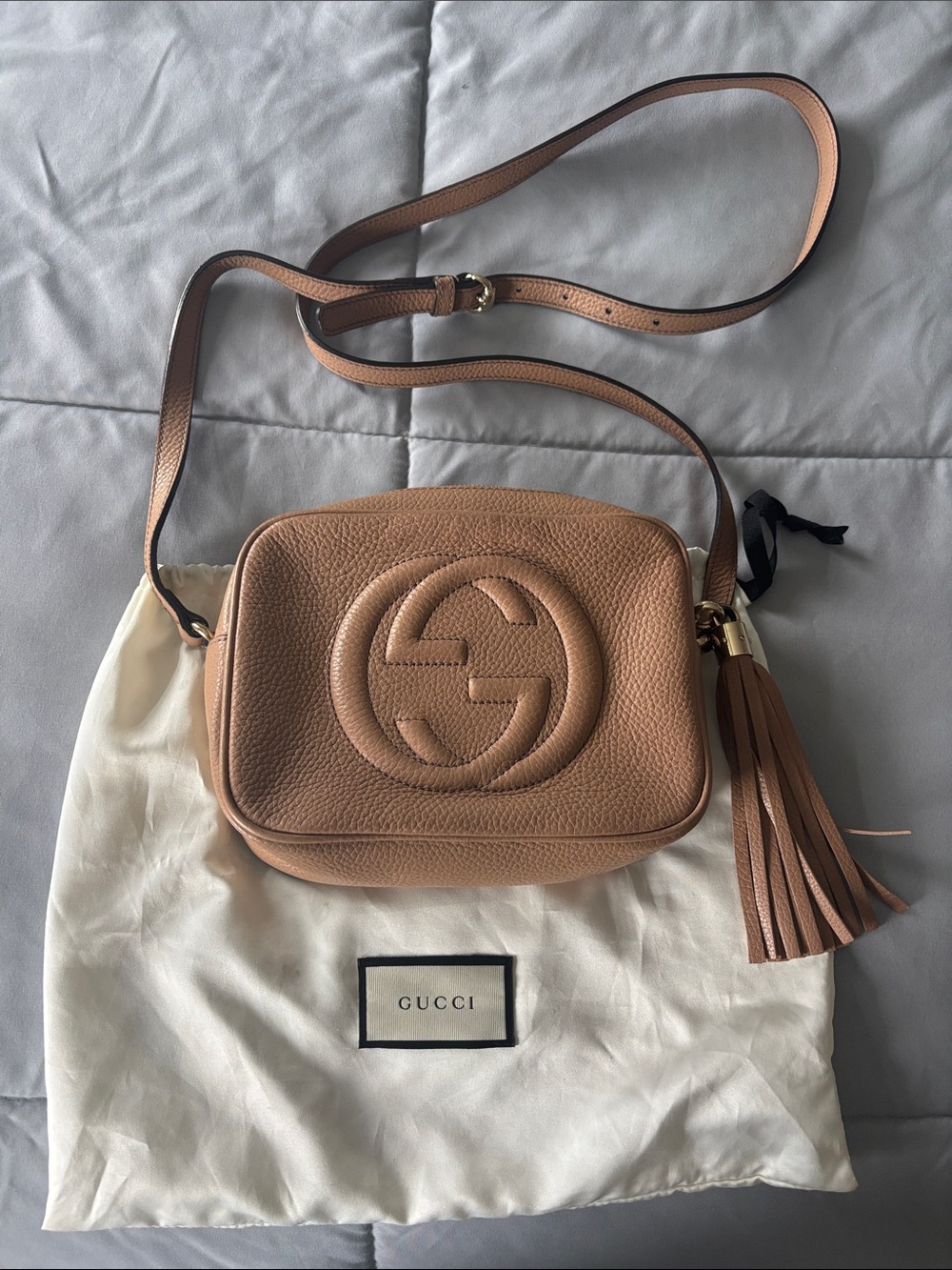 Gucci Pebbled Leather Crossbody in Light Brown with Tassel